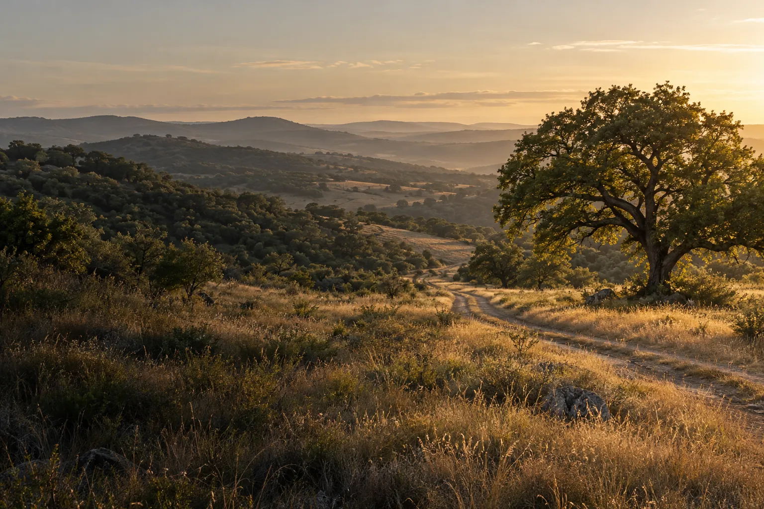 An illustrative open landscape of grass, oak trees and a winding ranch track at first light